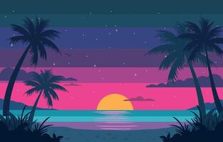 Flat Design of Beautiful Sunset at Beach with Colorful Night Sky and Palm Tree vector