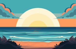 Flat Design of Blue Sea Water with Big Sun on the Beach vector