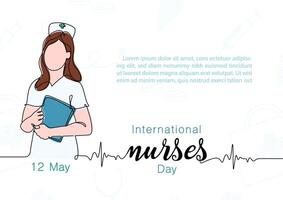 Nurse in cartoon character and one line style with wording of Nurses day, example texts on white background. Poster campaign of International nurses day in vector design