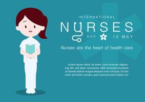 Nurse in cartoon character with wording of Nurses day, example texts on medical green background. International nurse day poster's campaign in flat style and vector design.