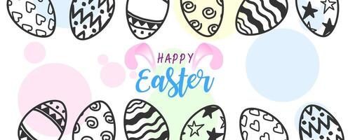 Happy Easter lettering with Black and white Easter eggs on lights colorful circle and isolate on white background. Easter holiday in vector design and website banner scale.