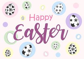 Happy Easter lettering with Black and white Easter eggs on lights colorful circle and isolate on white background. Easter holiday in vector design