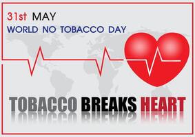 Image of heart rate in red line and big red heart with slogan of World Tobacco Day campaign and the day and name of event on left corner and world map isolate on light gray background. vector