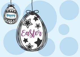 Magenta and blue Happy Easter lettering on Easter eggs in black ropes style hanging on light blue circle pattern and white background with space for texts. Easter holiday in vector design