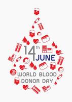 The day and name of World Blood Donor Day with red medical and blood donor icon collocated in blood droplet shape around wording isolate on white background. All in vector design.