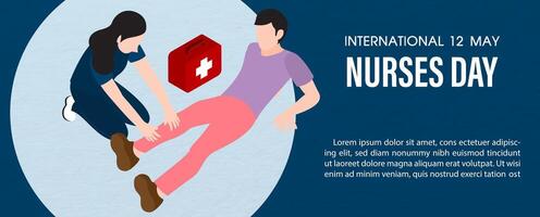 A Emergency nurse is giving first aid to a man who falls in cartoon character with wording of Nurses day, example texts on blue background. Poster campaign of International nurses day in vector design