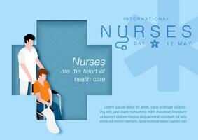 Male nurses serving patients.,  Pushing a wheelchair for a broken leg patient with wording of Nurses day, example texts on blue background. Poster campaign of International nurses day in vector design