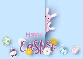 White and yellow flowers with Easter eggs and the name of event on pink bunny looking secretly and light blue background. Easter holiday postcard in paper cut and vector design.