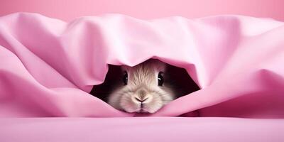 ai generado un Conejo mira fuera de un rosado antecedentes foto
