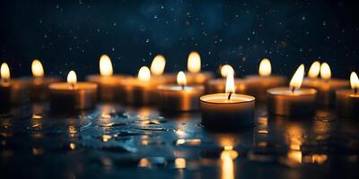 ai generado encantador alumbrado por velas ambiente de cerca de ardiente velas en de madera mesa en un oscuro habitación foto