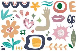 Set of trendy doodles and abstract nature icons on isolated white background. Big summer collection, unusual organic shapes in freehand matisse art style. Including vector