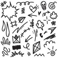 Conjunto de vectores de doodle de signo de expresión de dibujos animados dibujados a mano, flechas direccionales de curva, elementos de diseño de efectos de emoticonos, símbolos de emoción de personaje de dibujos animados, lindas líneas de trazo de pincel decorativo.