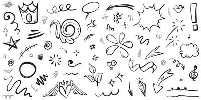 Conjunto de vectores de doodle de signo de expresión de dibujos animados dibujados a mano, flechas direccionales de curva, elementos de diseño de efectos de emoticonos, símbolos de emoción de personaje de dibujos animados, lindas líneas de trazo de pincel decorativo.