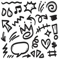 Conjunto de vectores de doodle de signo de expresión de dibujos animados dibujados a mano, flechas direccionales de curva, elementos de diseño de efectos de emoticonos, símbolos de emoción de personaje de dibujos animados, lindas líneas de trazo de pincel decorativo.