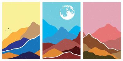 Collection of rectangular abstract landscapes. Moon, mountains. Japanese style. Modern layout, fashionable colors. Layout for social networks, banners, posters. vector illustration