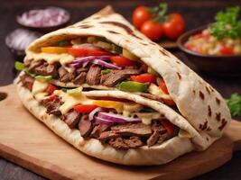 AI generated Shawarma sandwich in pita with beef meat vegetables and cheese photo