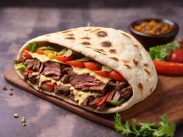 AI generated Shawarma sandwich in pita with beef meat vegetables and cheese photo