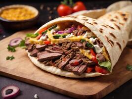 AI generated Shawarma sandwich in pita with beef meat vegetables and cheese photo