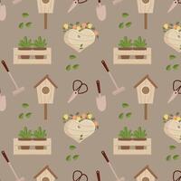 Seamless pattern, garden wheelbarrow, shovel, rake, boots, gloves, watering can, birdhouse. Background, spring print, vector