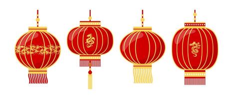 Set of colorful Chinese lanterns with patterns and dragons. Decor elements for Lantern Festival. icons, vector