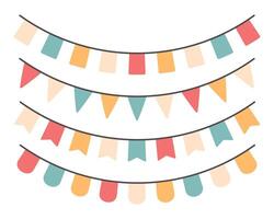 Set of festive garlands with multi-colored flags. Icons in flat style. Vector