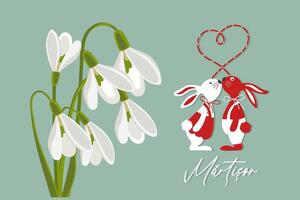 Martisor, Moldovan and Romanian traditional spring holiday. Bouquet of white snowdrops. Floral spring background, postcard, vector