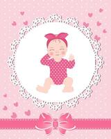 Children's greeting card with a cute baby girl on a lace template with a bow and hearts. Newborn design, vector. vector