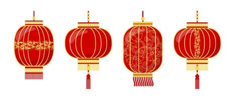 Set of colorful Chinese lanterns with patterns and dragons. Decor elements for Lantern Festival. icons, vector