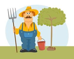 jardinería, un hombre con un rastrillo y un Cubeta y un árbol. primavera dibujos animados ilustración, vector
