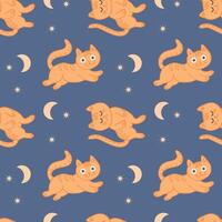 Seamless pattern, funny kittens on the background of the night sky with the moon and stars. Children's textile, print, vector. vector