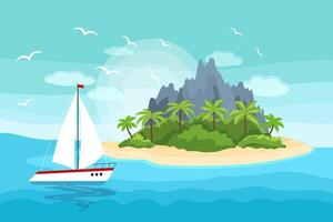 Seascape, paradise island with palm trees and mountains and a yacht in the sea. Illustration, background, vector