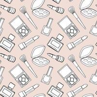 Seamless pattern, drawn contour items cosmetics on a light background. Makeup background, textile, vector