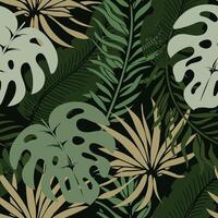 Seamless pattern, jungle, colorful tropical leaves on a dark background. Print, background, textile, wallpaper, vector