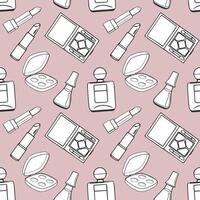 Seamless pattern, drawn contour items cosmetics on a light background. Makeup background, textile, vector