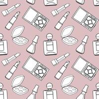 Seamless pattern, drawn contour items cosmetics on a light background. Makeup background, textile, vector