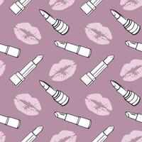 Seamless pattern, drawn contour cosmetics lipsticks and lip prints. Makeup background, textile, vector
