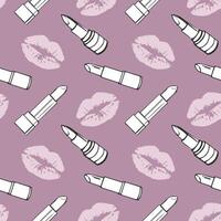 Seamless pattern, drawn contour cosmetics lipsticks and lip prints. Makeup background, textile, vector