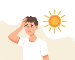 joven hombre con dolor de cabeza desde insolación o calor. cuidado de la salud y medicamento. ilustración, vector