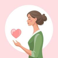 Woman holding a heart. Concept for mental health, support, love and relationships. Illustration. Vector