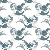 Seamless pattern, cute blue mermaid girls on a white background. Textile, wallpaper, vector