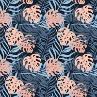 Seamless pattern, jungle, colorful tropical leaves on a dark background. Print, background, textile, wallpaper, vector