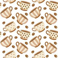 Seamless pattern, vintage coffee cups with ornament and coffee beans. Background, print, vector