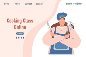 mujer cocinar con cuchillo, cuchara y tenedor. web bandera, aterrizaje página para en línea Cocinando lecciones dibujos animados ilustración, vector