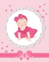 Children's greeting card with a cute baby girl on a lace template with a bow and hearts. Newborn design, vector. vector