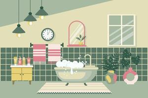 Cozy bathroom. Bathroom interior with bathroom furniture, bathtub, washbasin, towels, mirror, window, house plants. Flat illustration. Vector