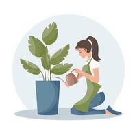 Woman with a watering can and a house plant in a pot. Plant care. Spring illustration, vector