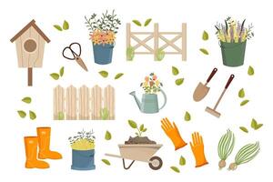 Gardening set, garden wheelbarrow, shovel, rake, boots, gloves, watering can, birdhouse, wooden signs. Icons, spring illustration, vector