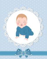 Baby card with cute baby boy and lace pattern with bow. Design for newborns. Illustration, greeting card, vector. vector