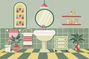 Cozy bathroom. Bathroom interior with bathroom furniture, bathtub, washbasin, towels, mirror, window, house plants. Flat illustration. Vector