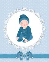 Baby card with cute baby boy and lace pattern with bow. Design for newborns. Illustration, greeting card, vector. vector